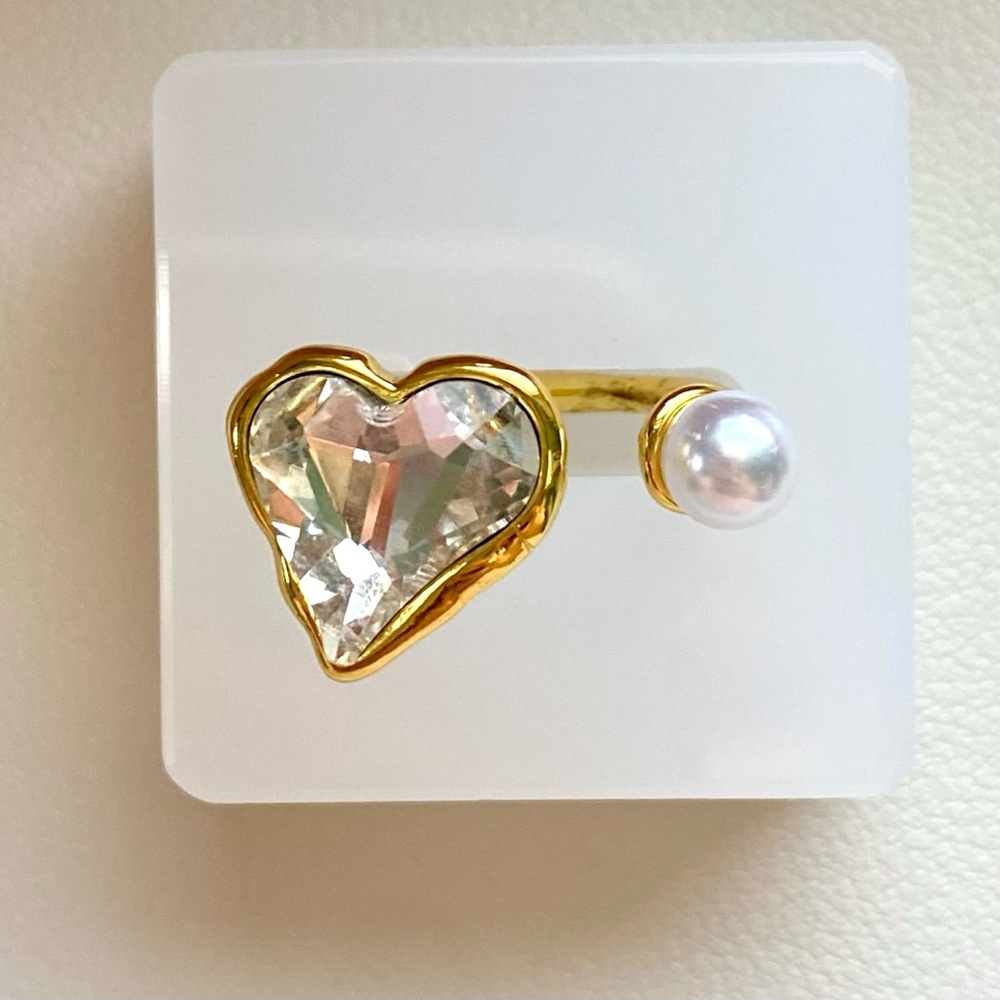 Gold Heart Crystal and Pearl Open Ring - Clear/Gold